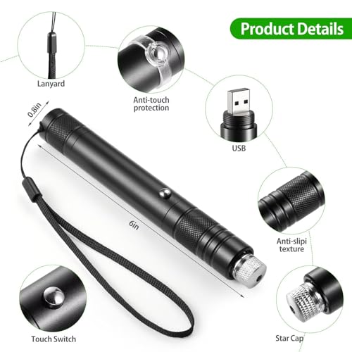 High Power Green Laser Pointer with Rechargeable Battery and Star Cap - Suitable for Outdoor Use, Astronomy, Cats, Dogs