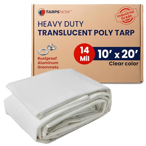 Tarps Now 10x20 Feet Translucent Poly Tarp |14 MIL Heavy Duty Waterproof Cover |Tear Proof Plastic Tarp with Rustproof Aluminum Grommets & Reinforced Edges |Ideal for Roof, Landscaping-Clear & White