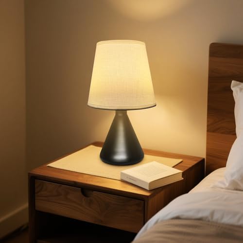 Hyphenx USB Powered Warm Light Farmhouse Bedside Lamp for Bedroom, Nightstand Table Lamp with Fabric Shade, Desk Lamp for Kids Reading and Home Office (Black) 