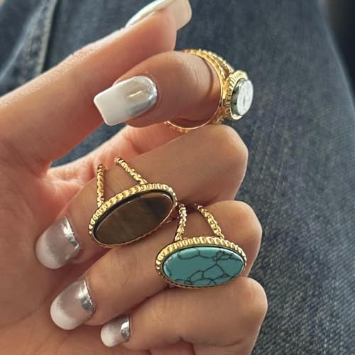 Geometric Oval Statement Ring for Women Gold Plated Titanium Steel Retro Stone Adjustable Open Band Wrap Finger Rings Comfirm Fit Boho Vintage Wedding Engagement Jewelry Gift3