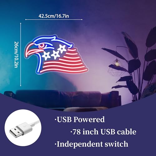 Image of Whfobfe National Flag Eagle Neon Sign Boy Room Game Room Decor Led Neon Lights Signs for Wall Decor USB Powered Led for Room Decoration