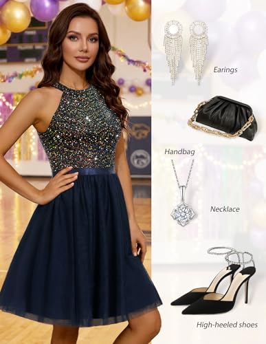Image of Dressystar Women's Sequin Short Prom Dress Sparkly Halter Tulle Cocktail Party Homecoming Dresses