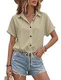 Enmain Camisa Lino Mujer Beige Manga Corta Verano Camisas Blusa Verano Corta de Botones Algodon Cuello en V con Cordón Anti-Arrugas Casual Shirt Mujer para Playa Vacaciones L