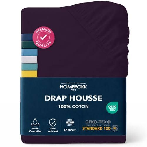 HOMEROKK Drap Housse 140 x 190 x 27+ cm – 100% Coton 57 Fils/cm² – Bonnet Profond pour Matelas Épais – Prune