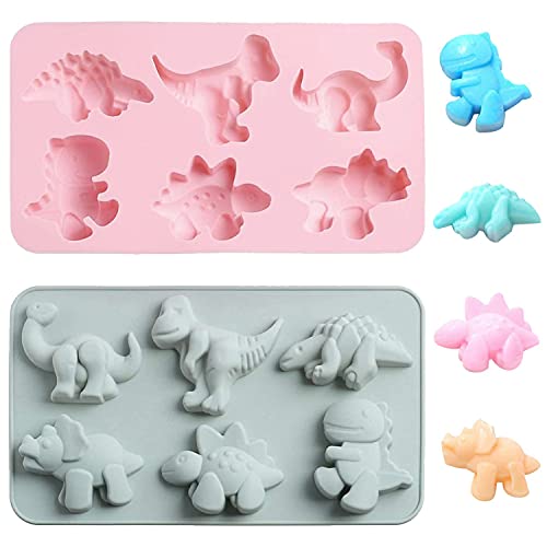 Amison 2Pcs Dinosaur Silicone Molds, 6 Grids Different Shapes Candy Fondant Mould, Cute Cartoon Dino Chocolate Gummy Mold Tray, Baking Decorating Tools, DIY Handmade Soap Mold for Cupcake Cake Decor