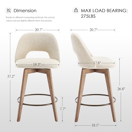 Image of Zesthouse Swivel Bar Stools Set of 4, Wooden Counter Height Chair | Mid century antique solid wood barstool, low back, upholstered beige linen fabric, 26 inch seat height for kitchen counter island