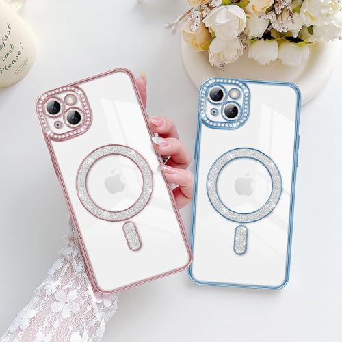 Image of DIZORO Compatible with (iPhone 15 Case) Clear Luxury Diamond Glitter Case |Camera Lens Protector with Glitter Ring | Premium Shockproof Glossy Shiny Back Cover Case for Girls Women -Blue