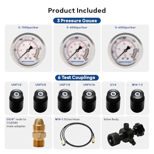 Image of MEASUREMAN Nitrogen Accumulator Charging Kit, 1500-6000 PSI with 3 Precision Gauges, 6 Adapters for M28*1.5, UNF 5 /8 & 1 /2, Professional Hydraulic Tool Set for Pressure Testing