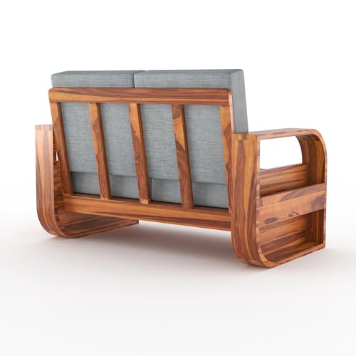 Image of Sheesham Wood 2 Seater Sofa Set with 40 Density Cushion for Living Room Home Office Solid Wood Sofa Set Furniture Wooden Two Seater Sofa Set (Natural,Grey)
