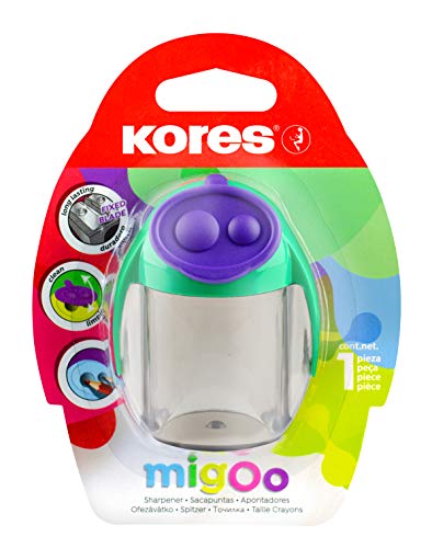 Kores - MigOo: Temperamatite a Doppio Foro con Serbatoio per Bambini e Studenti, Design Unico e Divertente, Confezione da 1 in 5 Combinazioni di Colori Assortiti