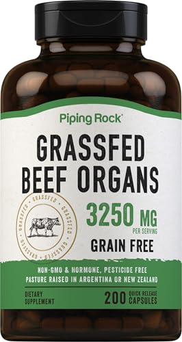 Piping Rock Grass Fed Beef Organs | 3250 mg | 200 Capsules | Liver, Kidney, Pancreas, Heart, Spleen Supplement | Non-GMO, Gluten Free