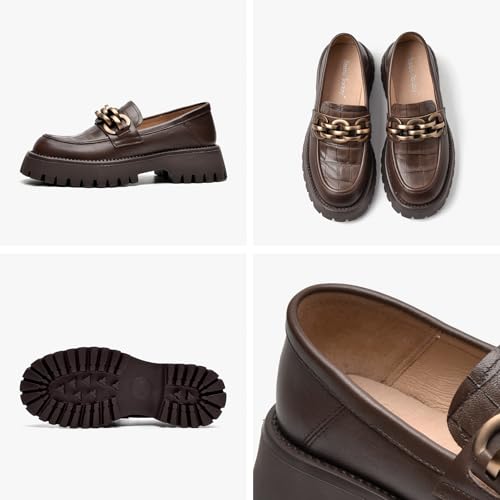 Image of BEAU TODAY Chunky Loafers Women,Leather Platform Loafers for Women,Lug Sole Slip On Chain Shoes,Comfortable Work Office Business Casual Office Dress Shoes