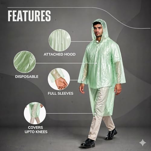 Image of Robustt Disposable Adult Rain Poncho for Men & Women | Universal Fit Use and Throw Raincoat | Knee Length Pocket Raincoat with Hood for Travel, Emergency Rain, & Outdoor