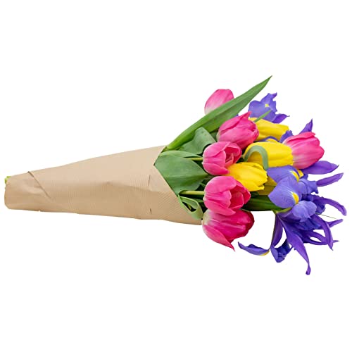stargazer barn besties bouquet with fresh tulips amp blue iris purple pink yellow fresh flowers 15 count