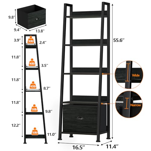 Image of Furologee 5-Tier Ladder Shelf, Narrow Ladder Bookshelf with Drawer, 55.6 inchTall Industrial Bookcase Storage Rack Organizer, Freestanding Storage Shelve for Living Room, Home Office, Bedroom, Black Oak