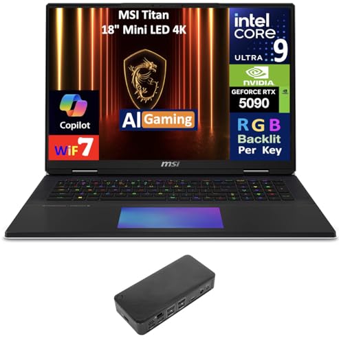 Image of msi Titan AI Gaming Laptop 18 inch 120Hz Mini LED 4K Display (Intel Ultra 9-285HX, GeForce RTX 5090 24GB, 64GB DDR5, 8TB PCIe SSD, Per Key RGB KB, 2 Thunderbolt 5, WiFi 7, Win 11 Pro) w /USB-C Dock