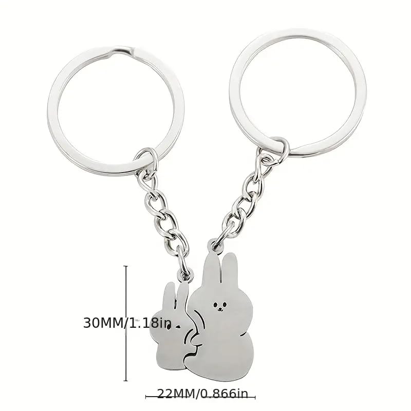 Image of 1pair Couple's Hugging Rabbit Shaped Stainless Steel Creative Cartoon Style Personality Keychain Car Pendant, Perfect Valentine's Day Or Chinese Valentine's Day Gift