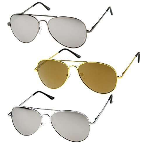 zeroUV FULL MIRROR Mirrored Metal Aviator Sunglasses (Deluxe 3-Pack (Gold/Gun/Silver))