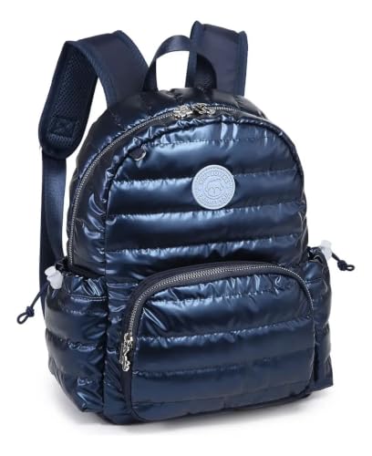 Mochila Feminina Pequena Mini Metalizada Casual Luxo Pillow Pack Puffer - 12 Polegadas - Metalizada - KIKA (Azul)