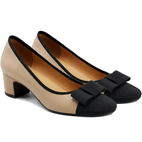 MOOMMO Women Low Chunky Heel Pumps Shoes Bows Round Closed Toe Slip On Block Heels Dress Sandals Cap Toe Bow Flats Shoes Two-Toned Ladies Girls Wedding Office School Elegant Comfort Spring 4-11 M US