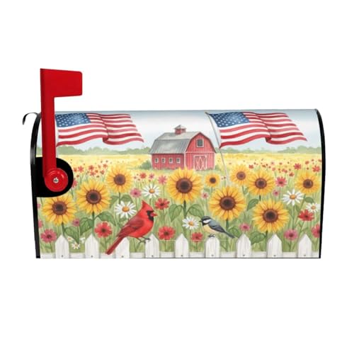 Image of American Flowers Field Farm Flag Mailbox Cover Magnetic Rural Sunflowers and Birds Waterproof Mailbox Wraps Post Letter Box Decor 25.5x21 in