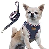 Aiminto デニム犬用ハーネス＆リードセット、通気性の高いメッシュ素材、軽量、ハーネス胸元に反射材付き - 猫や超小型犬用 (ハーネスとリードをセット(ダーク ブルー), XXXS胴範囲24-28cm)