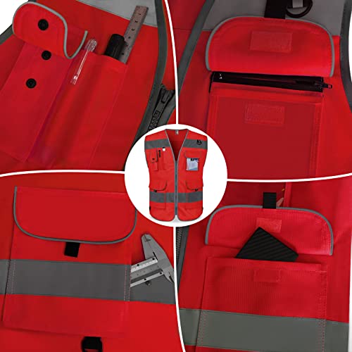 Tccfcct High Visibility Vest 9 Pockets Reflective Safety Work Vest For Men Women, Hi Vis Construction Vest With Reflective Strips, Meets Ansi/Isea Standards, (Red, Large) #TOP3