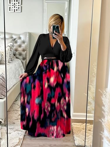 Image of Plus Size Women's 2 Piece Outfits Casual Long Sleeve Wrap Crop Top Maxi Long Dress Flowy Matching Sets