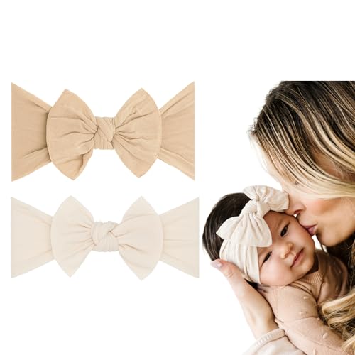 Image of Baby Bling Bows - Newborn to Little Baby Girl Bows, 2 Pack Nylon Super Soft Stretchy Knot Toddler Headbands, Perfect Hair Accessories Head Bands for Infant Kids (Fawn & Oatmeal)