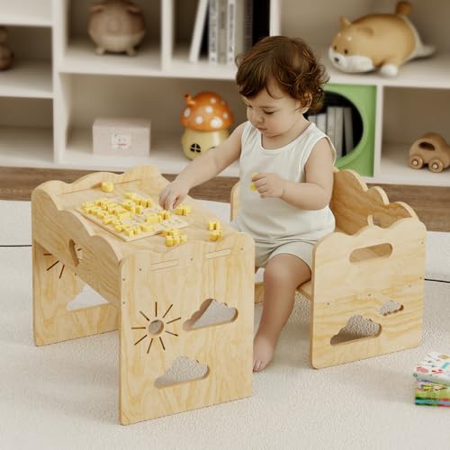 Giklux Madera Mesa Infantil con sillas,Silla Mesas Montessori, Juego de Mesa y Silla Infantil, Ideal para Comidas, Aprendizaje y Juego, para Leer, Fácil de Instalar