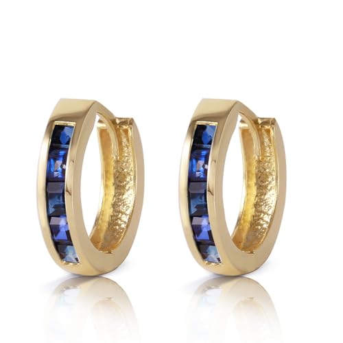 Genuine 14k Solid Gold Hoop Huggie Earrings with 1.3 Carat Natural Sapphire