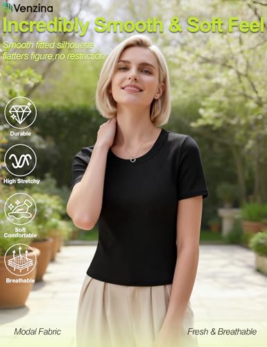 Image of Venzina Women's Double-Faced Modal T-Shirt - 60S Cooling Smooth Short Sleeve Tops, Slim Fit Breathable Moisture Wicking Tee for Yoga, Work & Casual Wear