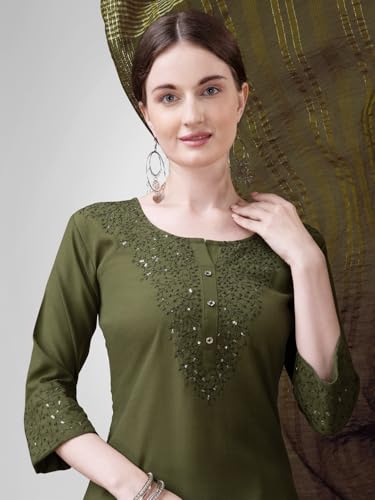 Image of Women's Elegant Cotton Blend Kurta Pant Dupatta Set with Embroidery - Fully Stitched