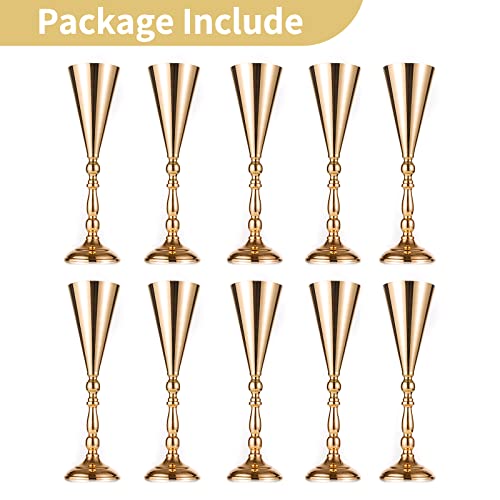 10 Pcs Tabletop Gold Metal Wedding Flower Trumpet Vase, 16.5 inch Table Decorative Centerpiece Artificial Flower Arrangements for Anniversary Ceremony Party Birthday Event Home Decoration (Gold)