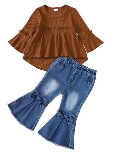 Willow Dance Toddler Baby Girls Outfits Long Sleeve Ruffled Shirt Top Flare Denim Jeans Cute 2Pcs Fall Winter Clothes