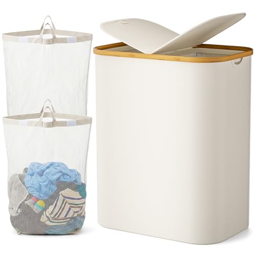 Cisivis 150L Laundry Baskets with Lid Double Washing Basket with Handles and Bag Large Laundry Hamper Foldable Wooden Frame for Laundry Room Bedroom Bathroom (Beige)