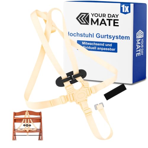 Hochstuhl 5-Punkt Gurtsystem 1 Set Beige kompatibel mit Hauck Alpha Beta Stokke Tripp Trapp ohne Baby Set roba Sit Up Hochstuhlgurt mit Rückenfixierung