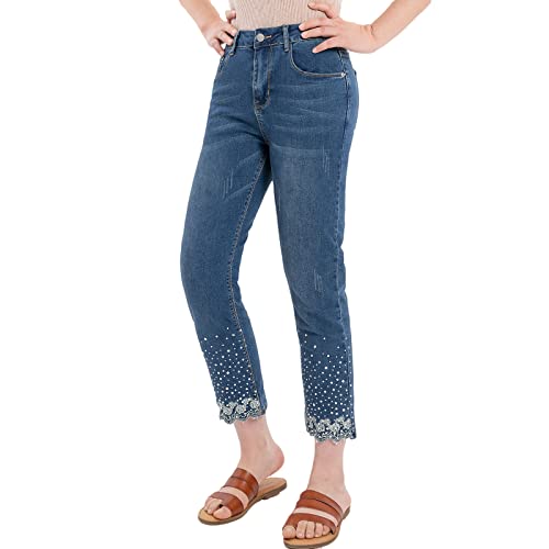 ThCreasa Womens Mid Rise Embroidered Jeans Straight Leg Stretch Cropped Denim Pants