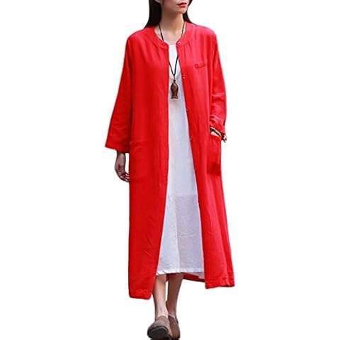 Abrigo largo de algodón y lino para mujer con bolsillos - rojo Cover