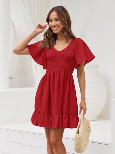 Image of LILLUSORY Women's Flowy Casual Mini Dresses 2026 Summer Graduation Smocked V Neck Vacation Dress Dress with Pockets