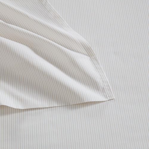 Image of Martha Stewart - Queen Size Sheets Set, Crisp & Tailored Cooling Sheets w /a Naturally Smooth Cotton Percale Lightweight Feel - Bed Sheets with Matching Pillowcases & Fitted Sheet (Stripe White)
