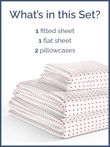 Image of Kids King Size Red Hearts Bed Sheets - 4 Piece Kids Red Hearts Sheet Set | Red Hearts Themed Bedding, Ultra-Soft, Cute & Cozy, Breathable & Machine Washable, Bed Set for Boys, Girls & Teens & Cooling