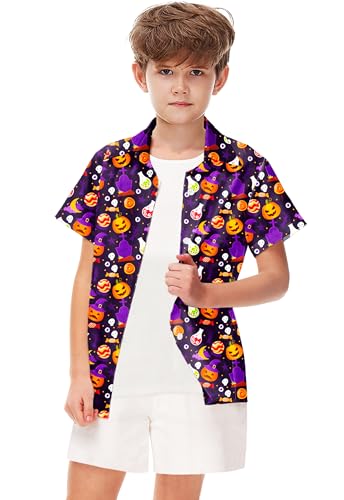 Image of Remimi Unisex Kids Halloween Shirt Boys Pumpkin Ghost Shirts Hawaii Button Up Tops 5-14 Years