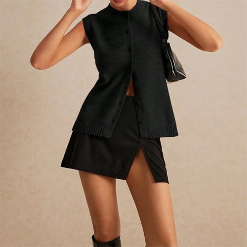 Image of Women Button Down Knit Sweater Vest Casual Loose Fit Crew Neck Sleeveless Button Front Knitted Sweater Cardigan