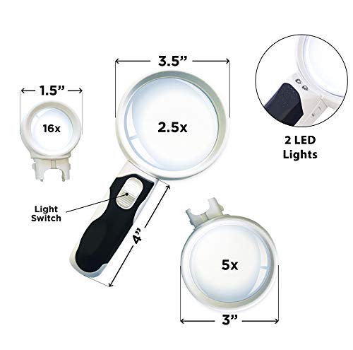 LED Illuminated Magnifying Glass Set. Best Magnifier With Lights for Seniors, Macular Degeneration, Maps, Jewelry, Coins, Watch & Computer Repair, Hobbies, Stamps (3-Lens (2.5X + 5X + 16X))