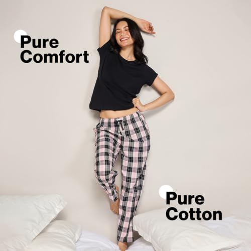 Image of Nykd (NYS141) Checked Pure Cotton Pyjama Sleepwear Pants for Women | Relaxed Fit with Non-Slip Elasticated Waistband, Adjustable Drawcord & 2 Side Pocket | Ideal for Night, Lounge & Daily Wear