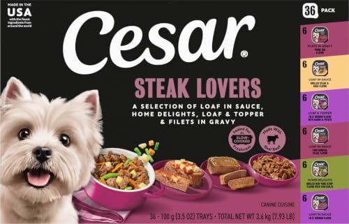 Image of Cesar Wet Dog Food, Steak Lovers Variety Pack, 3.5 oz, 36 Count | Real meat #1 ingredient, easy peel trays, 100% complete & balanced, no fillers, no added sugar, no artificial flavors