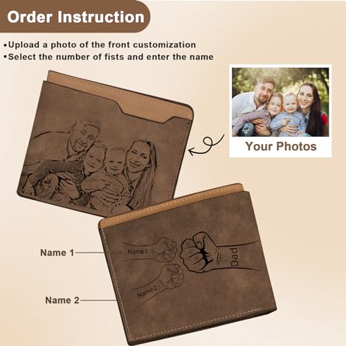Father's Day Gift from Wife Daughter, Personalized Photo Wallet for Men, Custom Photo ＆ 1-5 Initials, Birthday Gift for Husband Dad (Fist-Dark Brown)2