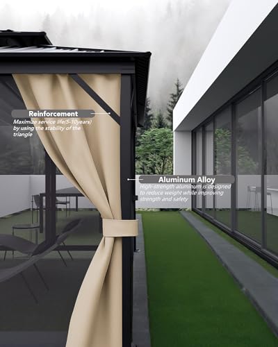Hardtop Gazebo 10'x12' for All Weather, with Waterproof Double Metal Roof, Aluminum Alloy Frame, Net, and Curtain, Permanent Building for Patio, Deck, Backyard, Lawn, and Garden, Khaki