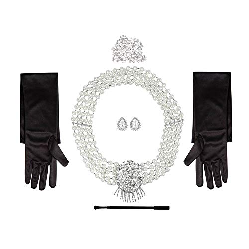 Utopiat Audrey Inspired Flapper Vintage Necklace, Crown Tiara, Diamond Earrings, Long Black Cigarette Holder, Black Opera Gloves 1920s Gatsby 5 piece Costume Jewelry accessories Set